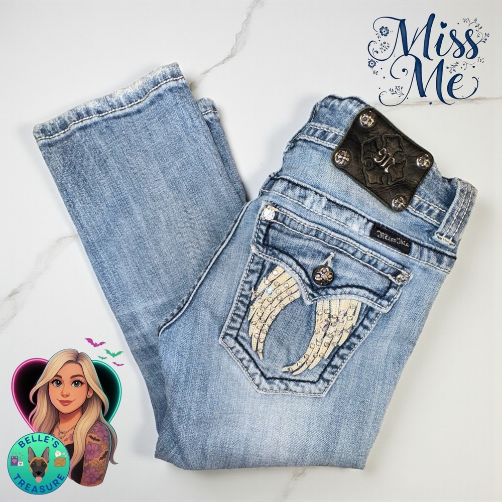 Miss Me Jeans Womens 28 Capri Embellished Angel Wings Rhinestone Distressed‎